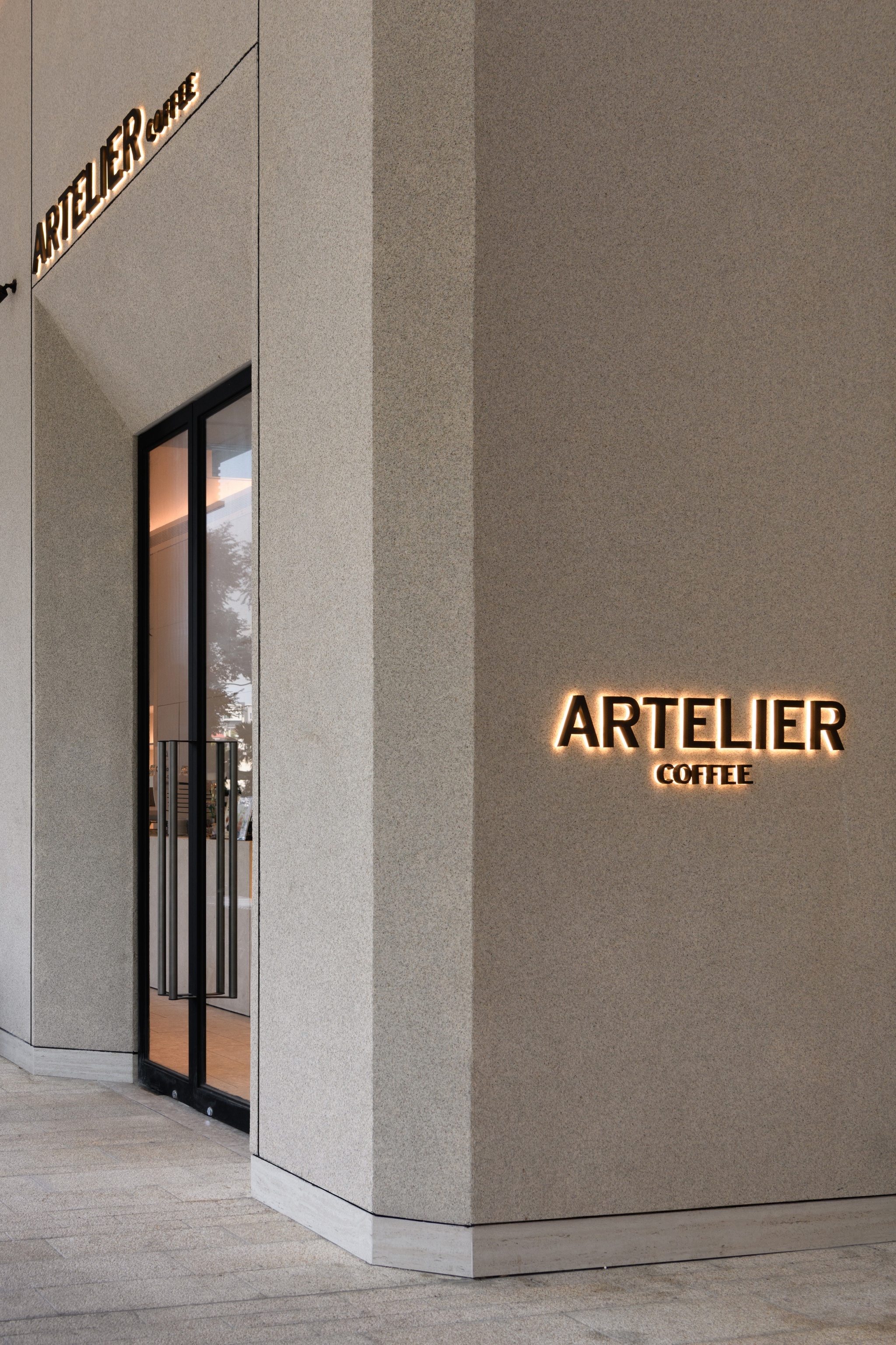 Minimal modern exterior beige cafe signage shopfront, Artelier, Kuala Lumpur