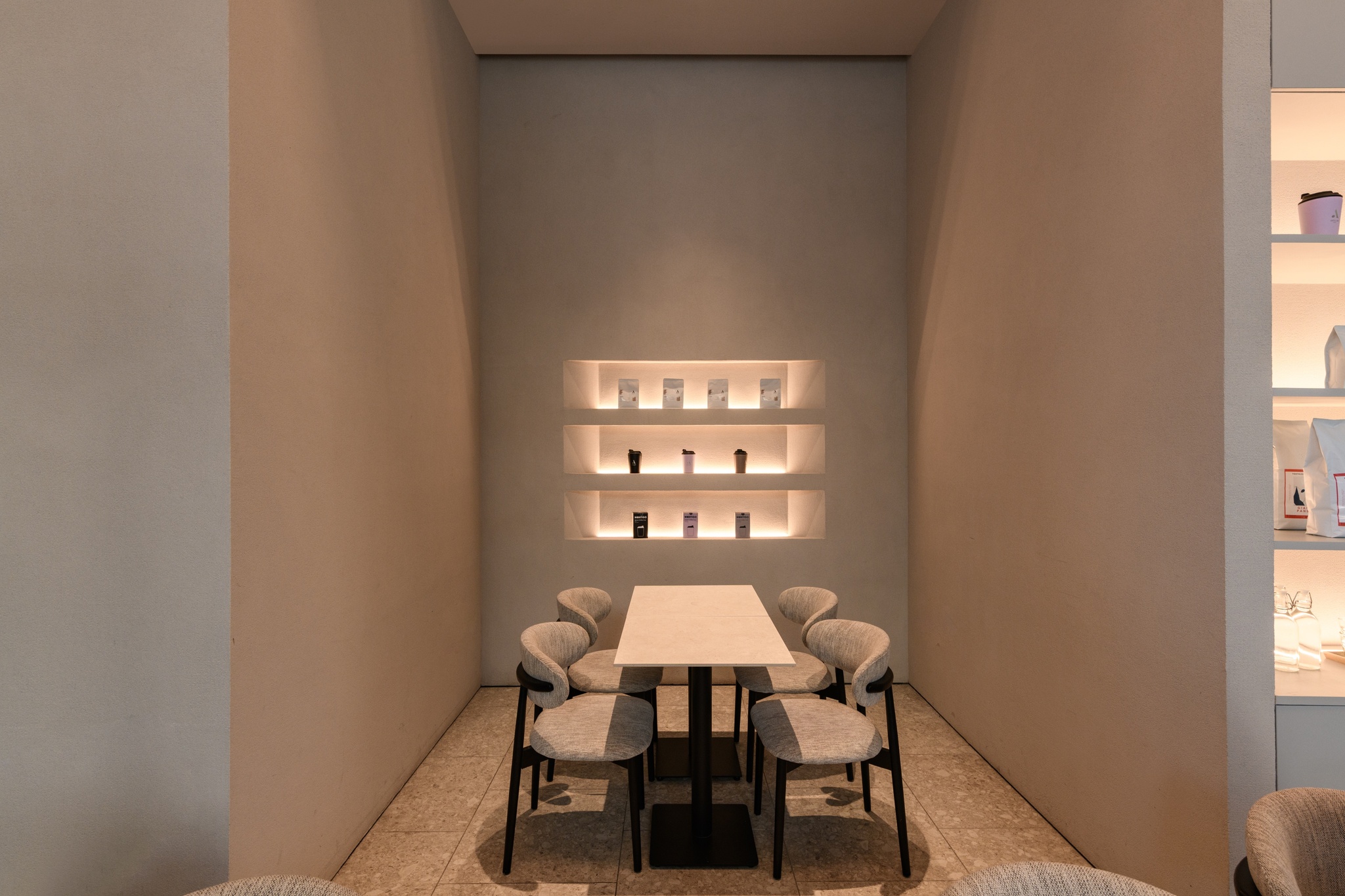 Minimal modern cafe interior design, ambience lighting, custom shelf, beige cafe, Artelier, Kuala Lumpur